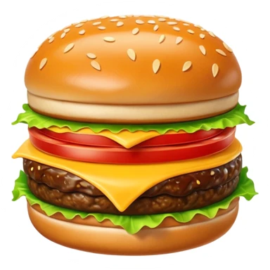 A cute 3D emoji-style burger with glossy finish, shiny bun with sesame seeds, melted cheese, fresh lettuce, smooth cartoon design, soft lighting, clean background, high-quality modern emoji look. sticker