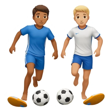 Two boys playing soccer at the beach no shirts. sticker