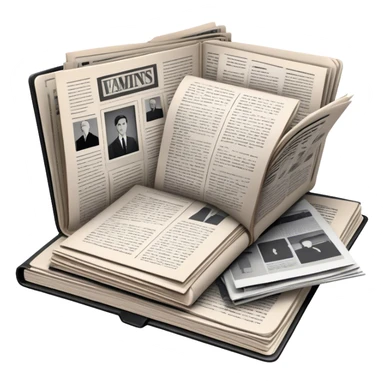 Icon for Non-Fiction & Narrative Reading: an open book with black-and-white photos on the pages, surrounded by a pile of newspaper clippings, and an open folder with top-secret documents. The icon should reflect the blend of real stories and facts in non-fiction literature. Transparent background. sticker