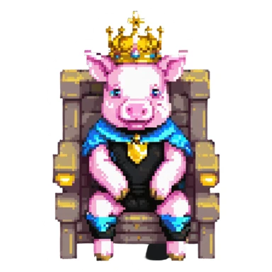 ultra-minimal pixel art pig with a golden crown sitting on a throne, blocky and square like Minecraft, inspired by Technoblade sticker