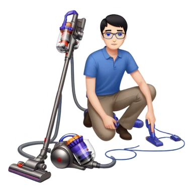 Man with black hair and blue eyes with glasses using Dyson gen5 on the floor sticker