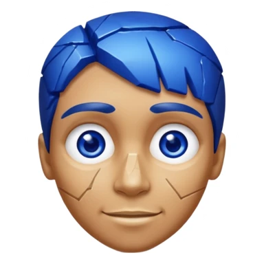 A single sapphire-blue faceted rock head, chunky and worn, with very visible cracks and chipped facets but still shiny, big kind eyes and a confident smile sticker