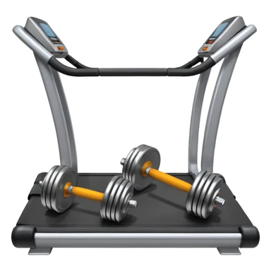 Two heavy dumbbells side by side on the floor in front of a treadmill sticker