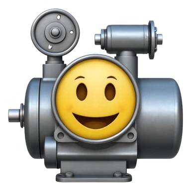 Industrial mechanical motor with a smiley face, emoji for the new electric music genre Motor breaks must be friendly and sellable must be small but clear child friendly, ready to use as a logo sticker