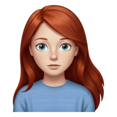 woman with long dark auburn red hair that is mostly straight but has slight waves to it. grey blue eyes. some freckles. wearing a Swedish style sweater that is neutral. the image on the right is closer sticker