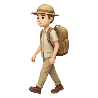 sad traveler man with beige skin tone wearing backpack and hat walking to the right, iOS style sticker
