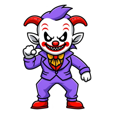 evil clown in a leisure suit with billy goat horns, fangs, pointed ears, standing in a fighting posture, battle-ready soldier sticker