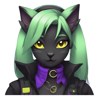 Gorgeous furry gothic dark techwear anime style anthro black cat furry sona Fakemon with blushing face yellow-green eyes with ponytail, aesthetic and pretty edgy black with violet collar and harness trending style sticker