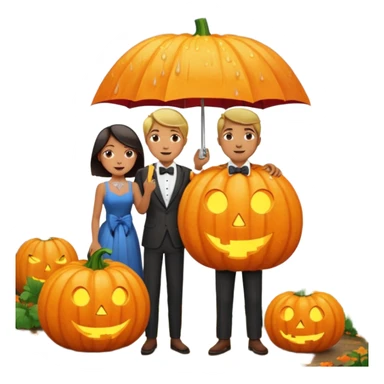 Make a guy hugging a giant pumpkin with a fork in his right hand while there's fire while there's a lady watching while it's raining while there's an umbrella on the ground that's alive and the sun has a bow tie on his neck sticker