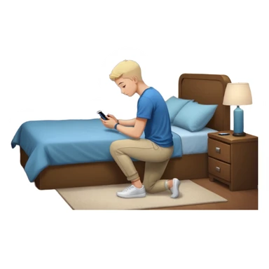 Gen Z young person kneeling beside bed in bedroom at night praying, smartphone on nightstand, wearing casual clothes, dim lighting, posters on wall sticker