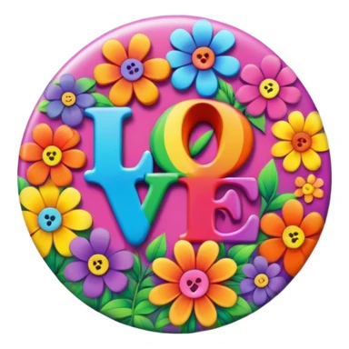 A round psychedelic colored button that says love with rainbow colored hippie style flowers sticker