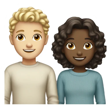 girl with dark hair and is pale and has brown eyes, smiling. with a blonde, kinda curly blue eyed boy who is smiling wearing a sweater. sticker