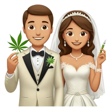 Newlywed couple, bride and groom, full body, sharing a cannabis joint at wedding sticker