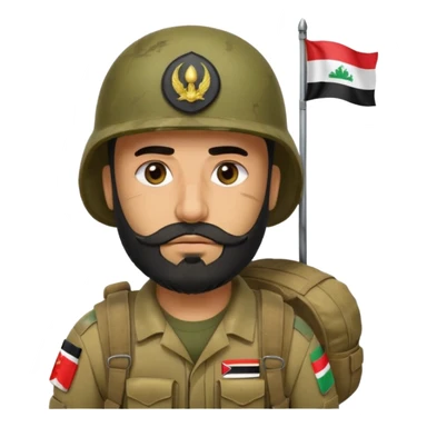 A tired, swarthy Iraqi soldier with a beard, an Iraqi flag on his helmet, a sad expression and bags under his eyes sticker