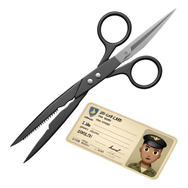 Floating black Scissors cutting an idf soldier ID card in 2 parts .hyper realistic sticker