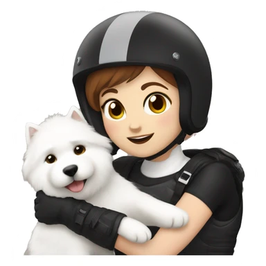 Girl biker white skin and brown short hair with a agv black helmet hugging a white Samoyed sticker