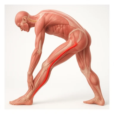 Hyperrealistic anatomical view of sciatica: human body in stretching position, sciatic nerve highlighted in red along the leg, visible muscles and bones, white background, 4K quality. sticker