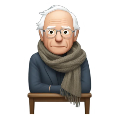 Bernie sanders freezing on chair wearing a scarf sticker