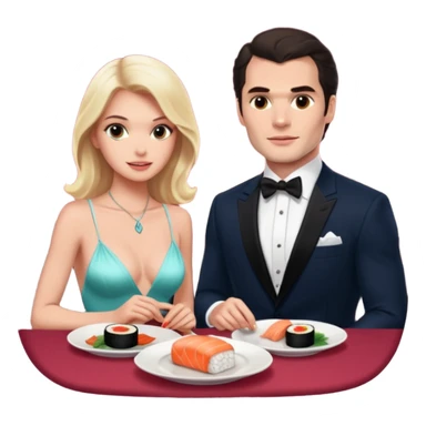 realistic photo of Henry Cavill with a beautiful  victoria secret model on a candle lit sushi date sticker