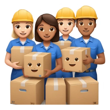 Generate a realistic emoji-style icon workers in a stoage room being efficient while packing sticker