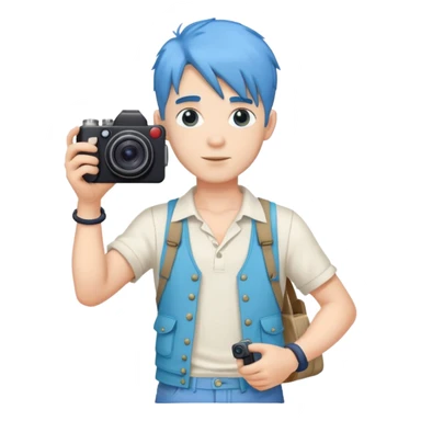 blue hair full body handsome man with camera and beach outfit  standing sticker