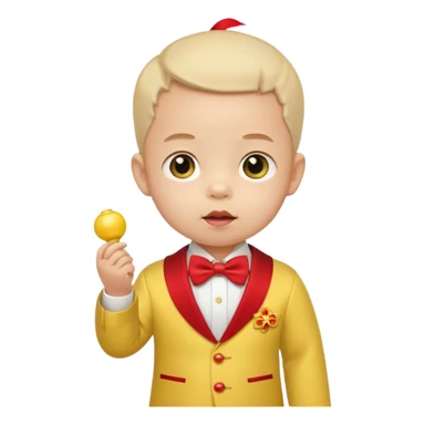 baby guy, pacifier, wearing yellow chinese royal ancient custome, red bow tie sticker