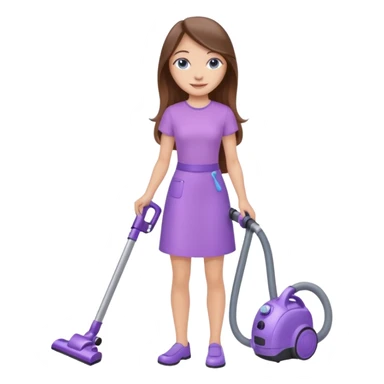 beautiful girl with long brown hair, blue eyes and wearing light purple clothes, cleaning and vacuuming sticker