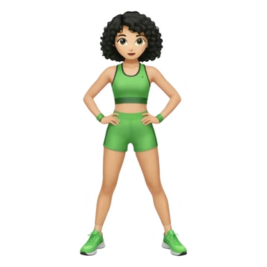 woman with olive skin and curly black hair wearing a green workout outfit (shorts) and standing in a disco pose sticker