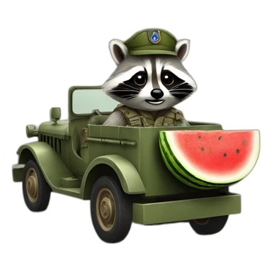 A military raccoon with a watermelon at the wheel of a car sticker