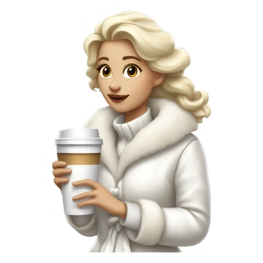 blonde girl wearing white fluffy jacket and a coffee to go in hand all dress white and a white bow on hair sticker
