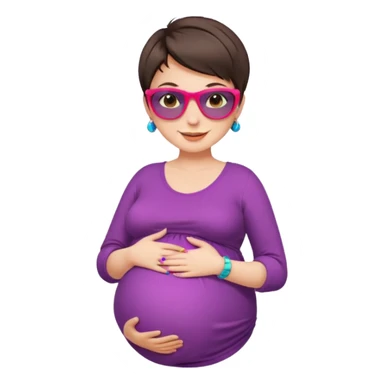 pregnant stylish woman with short pixie brunette hair happily touching her big belly while wearing fashionable clothes and colorful shades sticker