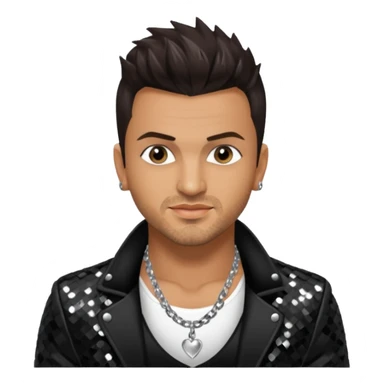 Peter Andre with dark brown hair, black sequin jacket, shirtless with necklace sticker