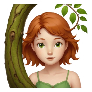 Un petit sapin vert sylvestre, féminin, regard malicieux, tâches de rousseurs délicates, joues roses. Yeux de biche brillants en forme amande, yeux couleur ambre, tronc couleur acajou. Sapin en mouvement, incurvé pour un effet vivant. Style meoji. sticker