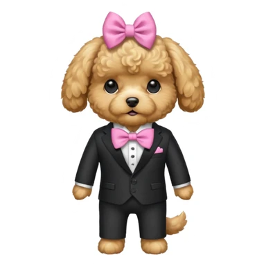 Golden maltipoo dog with pink bow k bow that is very poise make it have a suit on sticker