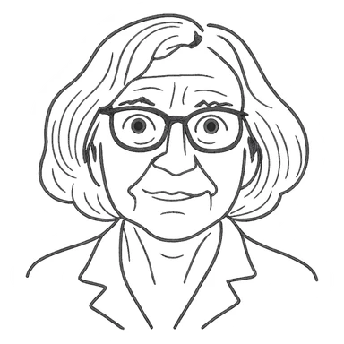 a hand drawn black outline portrait of philosopher Catherine Larrère with similar-sized eyes based a famous portrait of her sticker