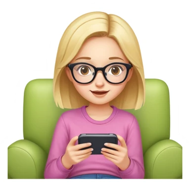 A cute young girl with glasses sitting on a couch, happily playing a mobile phone game sticker