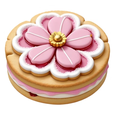 Realistic shortbread cookie in the shape of a cherry blossom with pale pink color jelly middle filling and sprinkled powder sugar on top. sticker