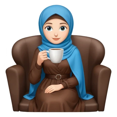 Turkish beautiful finish Konya girl blue eyes with brown hijab long tail dress and sits on the chair on the ground and holds cup coffe with her hand  sticker