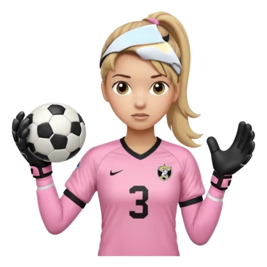 Make a dirty blonde football goalkeeper with goalkeeper gloves on holding a regular  The girl is light skinned and wearing a light pink football. Wearing a ponytail on back of head. Make it without the whole body. With full sleeves. WITHOUT A RUGBY BALL JUST REGULAR BLACK AND WHITE BALL. sticker