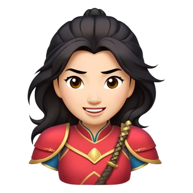 Cinematic Playful Mulan Portrait Emoji, Mid-laugh with a strand of hair falling over her face, adjusting her armor, eyes full of adventure, exuding an irresistible mix of beauty and fun, the perfect blend of warrior and princess! sticker