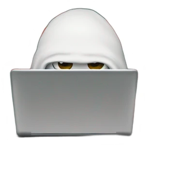 a human with a strawberry head with eyes ect sitting in front of a laptop, wearing a balaclava and looking mischievous. sticker