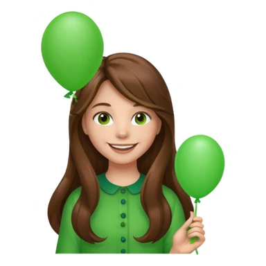 girl with long brown hair, holding green balloon sticker