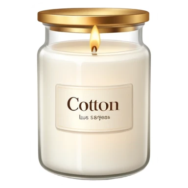minimal flat emoji of a white scented candle in a glossy white glass jar with the write “cotton”, soft warm glow, clean vector style, elegant and modern, transparent background lux style sticker