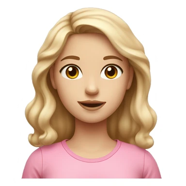 a girl with fair skin tone with a dark blonde slight wavy hair and light pinkish cheeks with colored eyes and a pink shirt sticker