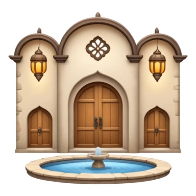 3D Apple-style emoji of a full traditional Turkish han. Rounded stone building with arched wooden doors and windows, small courtyard, fountain, arches, and hanging lanterns. Glossy, smooth, soft shadows, clean white background.






 sticker