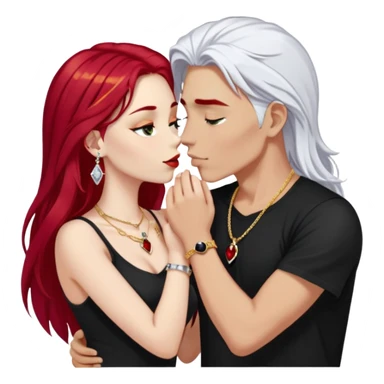 close-up of young couple kissing, girl with long cherry red hair and blonde eyebrows, gold A necklace, diamond ring, red bracelet, boy with stark white hair, silver ring with black stone, dark t-shirt sticker