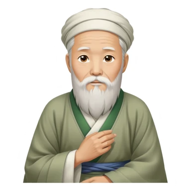 Old oriental sage with white beard and traditional Chinese clothing in contemplative pose, looking thoughtful with hand on chin sticker