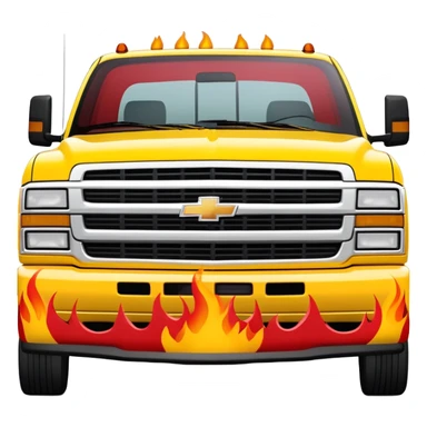 1997 yellow Chevy C-2500 Crew Cab with red flame design only painted on the front bumper, movie-accurate Kill Bill truck detail, 30-degree view, iOS emoji style sticker