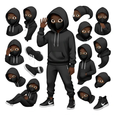 Создай стикер-пак (12 штук) с персонажем в черном худи с капюшоном и чёрными штанами и красовками, он должен быть в черной тканевой маске со знаком вопроса по середине лица. Пусть он будет в разных позах и эмоциях  sticker