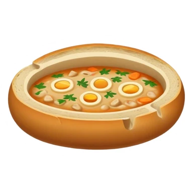 Żurek Cinematic Realistic Żurek Soup Dish Emoji, depicted as a tangy rye soup served inside a hollowed-out round loaf of bread, rendered with rich textures and dynamic, comforting lighting. sticker